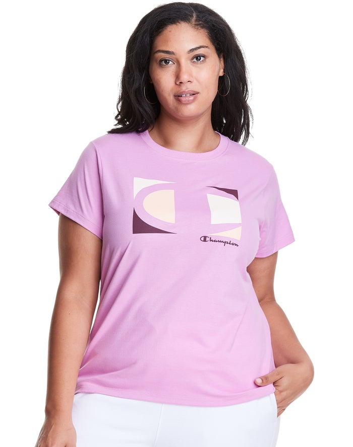 Champion T-Shirt Dames - Roze - Plus Classic Embroidered C Logo ( 739285-CYD )